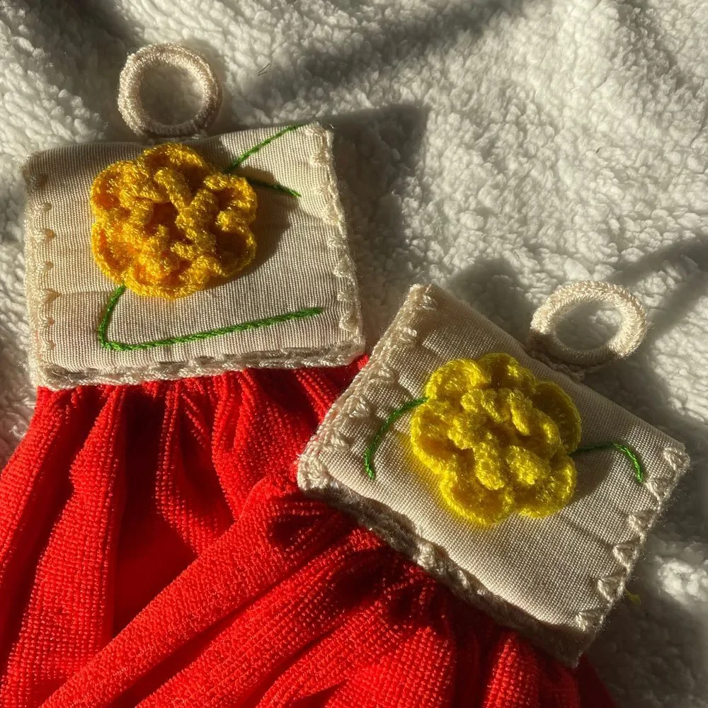 Handmade embroidered terry cloth hanging hand‎ towels orange yellow flowers